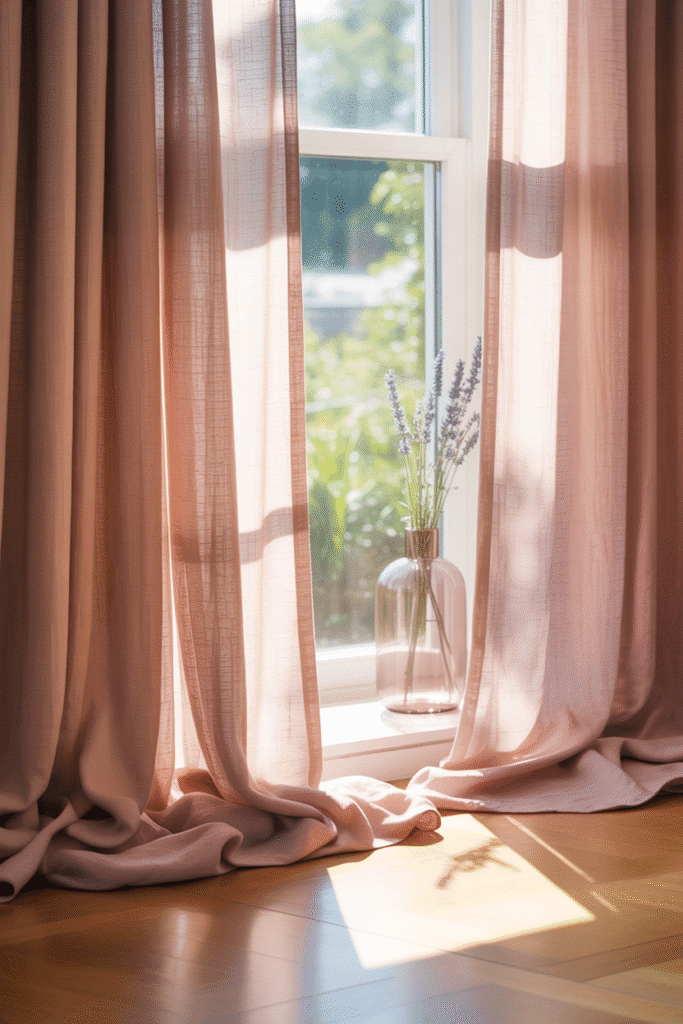 Sheer blush curtains in airy feminine living room.