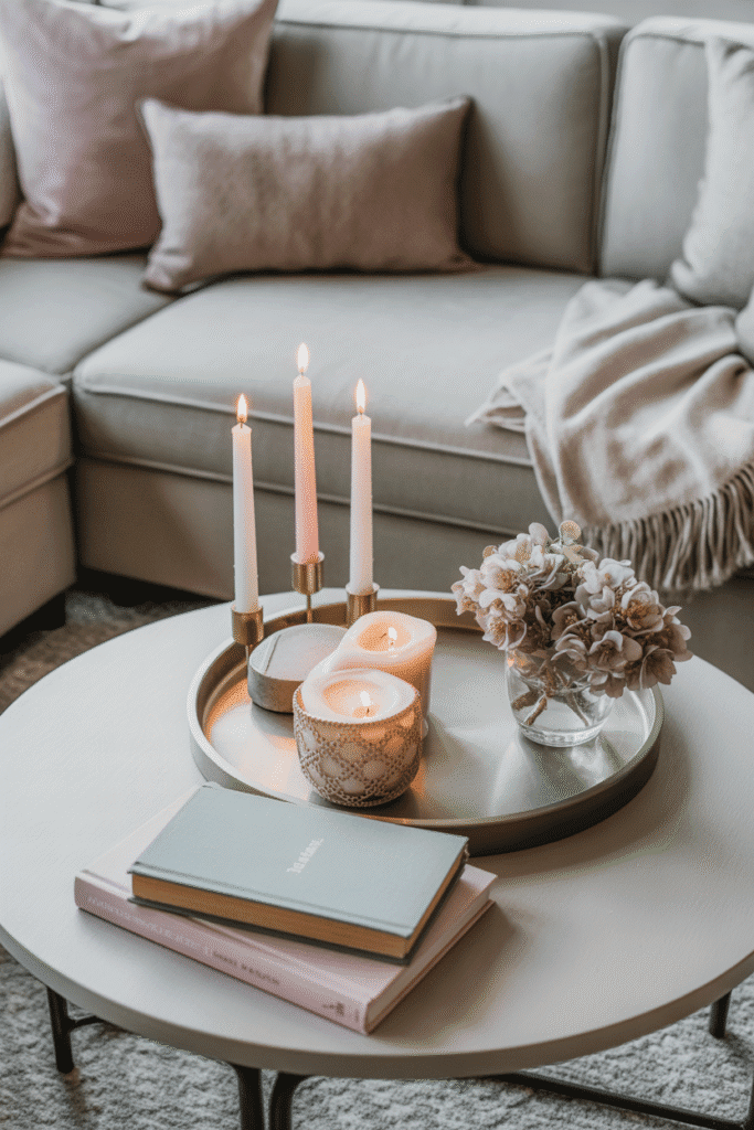 Pastel coffee table decor with books and candles.