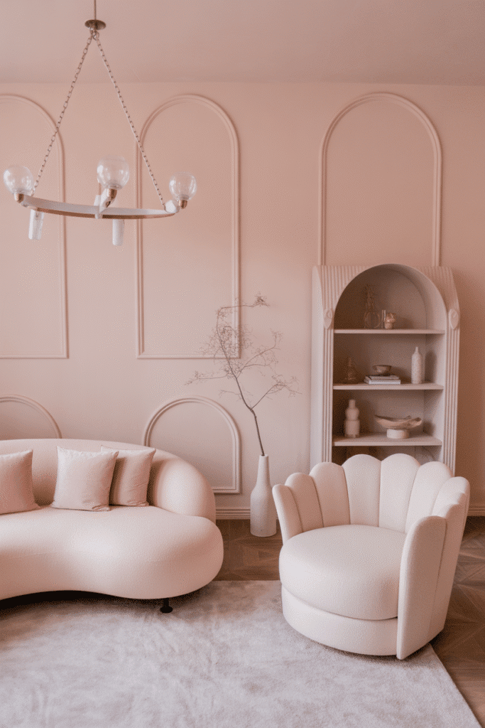 Curved blush sofa and scalloped chair in feminine living room.