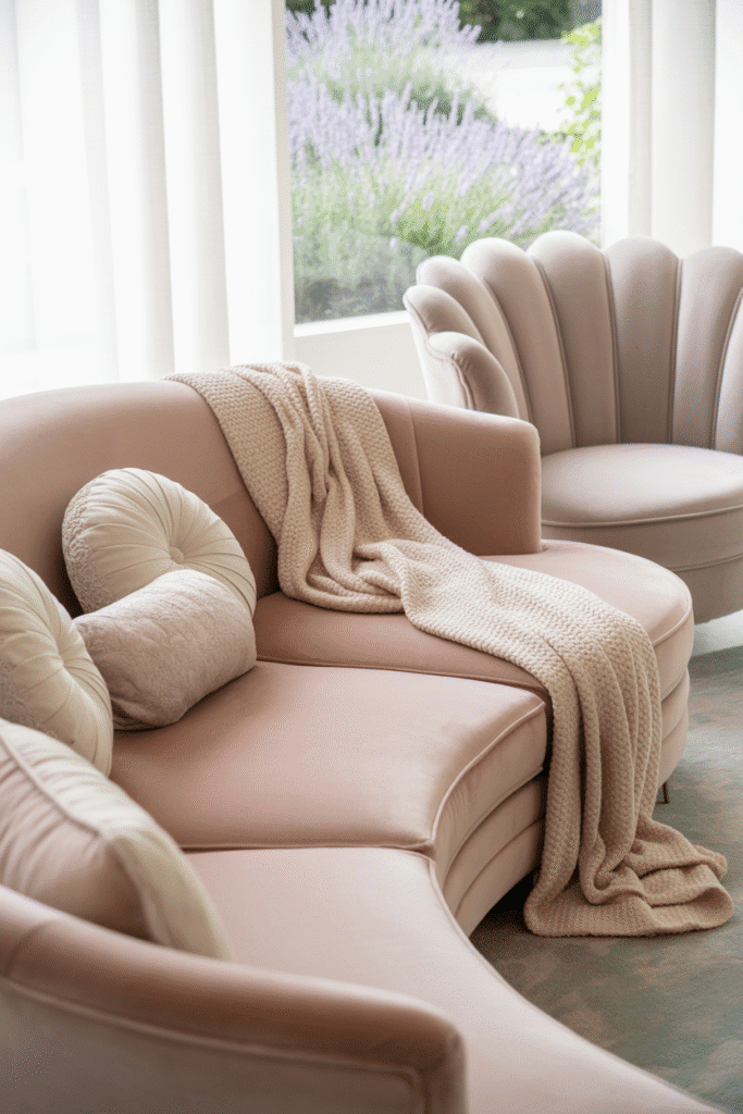 Curved blush sofa and scalloped chair in feminine living room.
