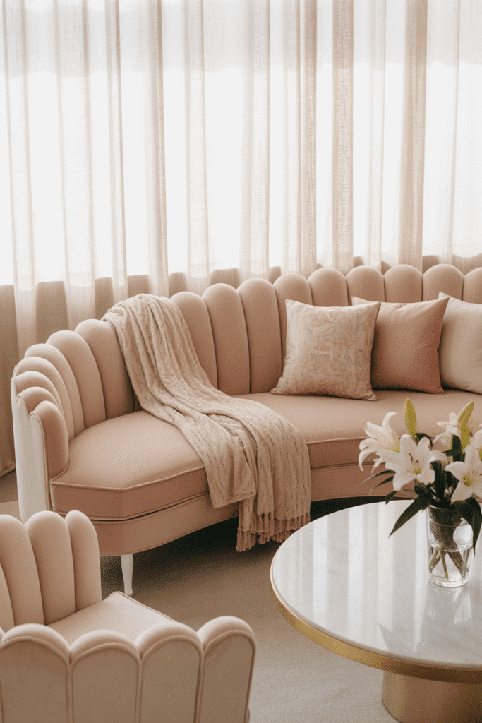 Curved blush sofa and scalloped chair in feminine living room.