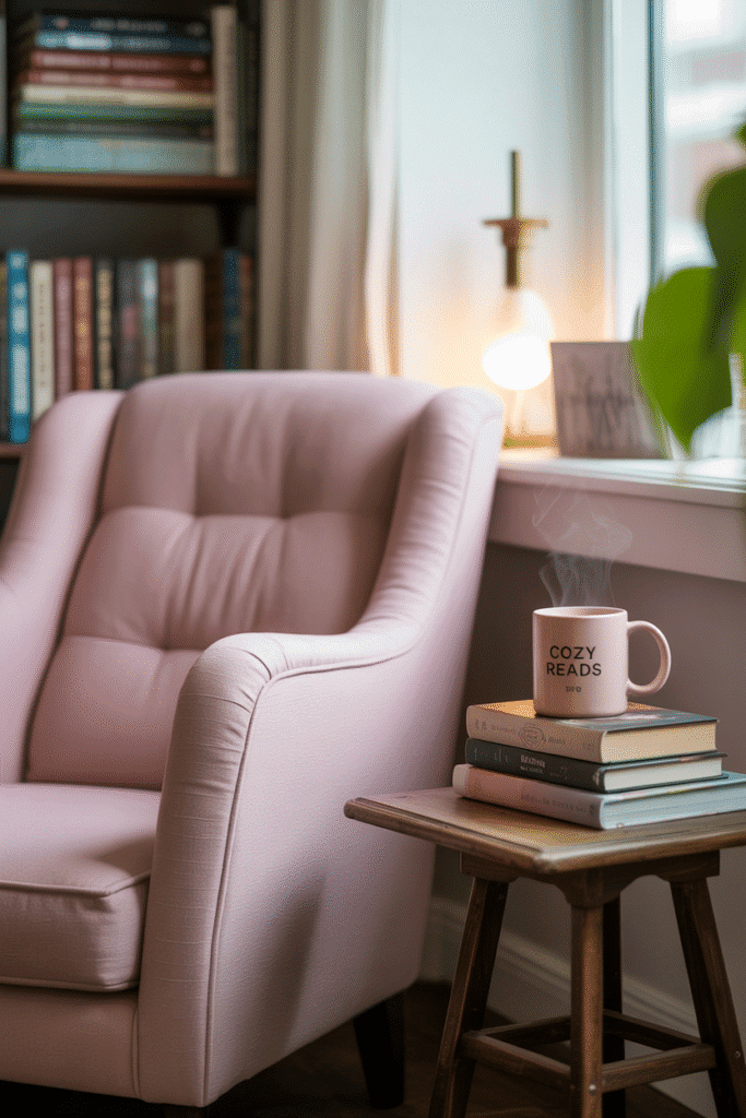Feminine reading nook with blush chair and side table.