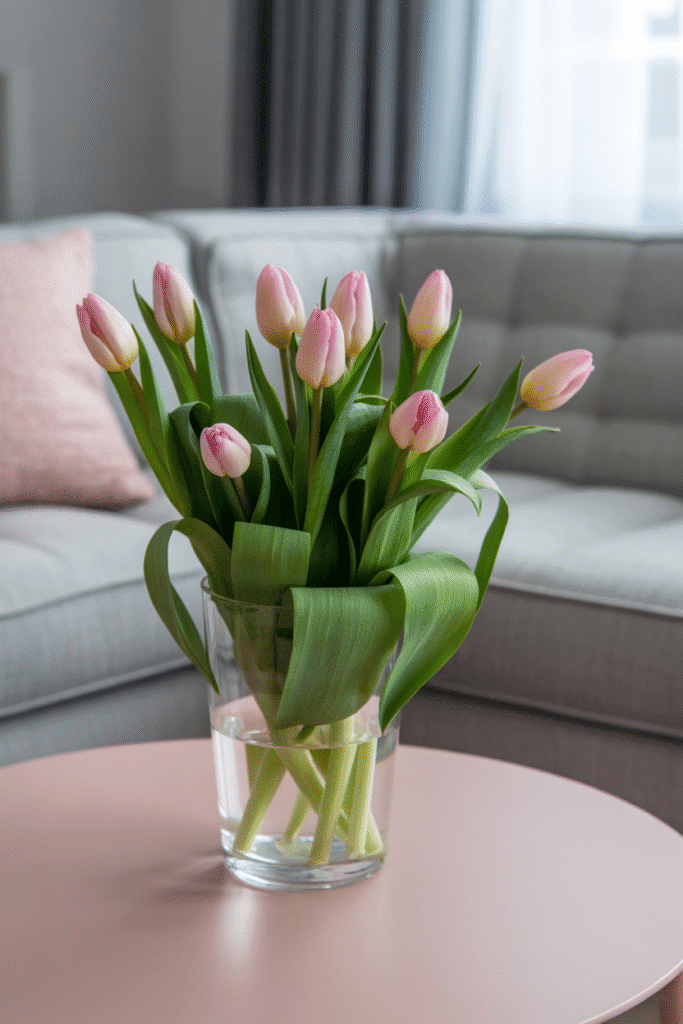 Fresh pink tulips in feminine living room decor.