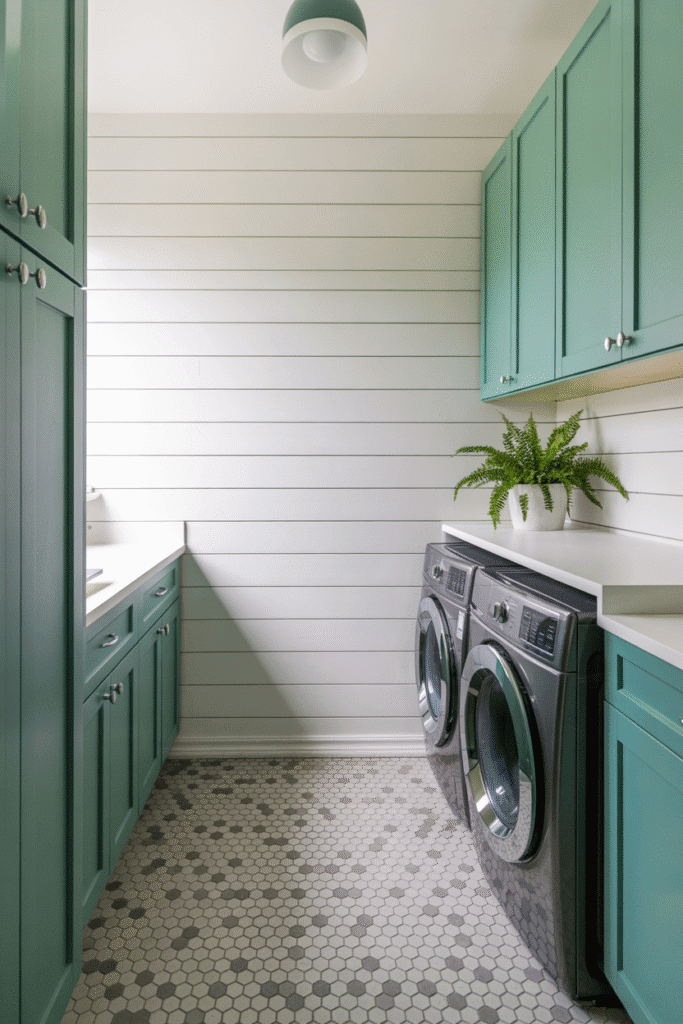 Teal cabinets provide bold color and cheerful contrast in small laundry rooms.