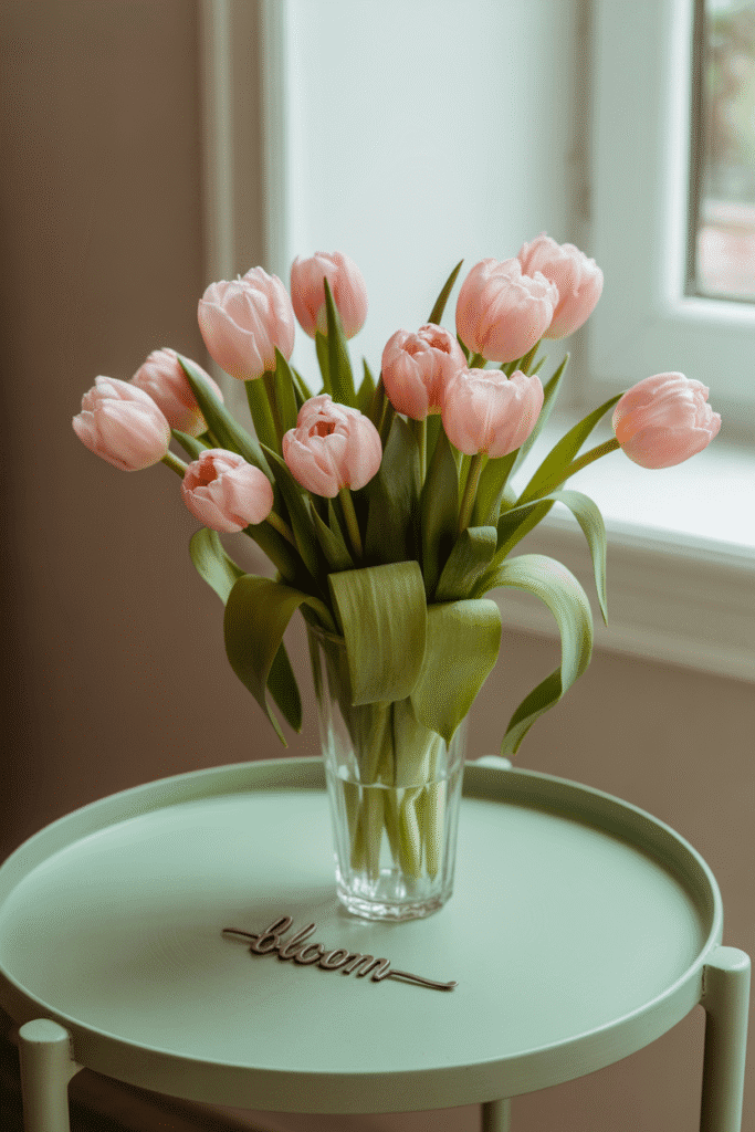 Fresh pink tulips in feminine living room decor.
