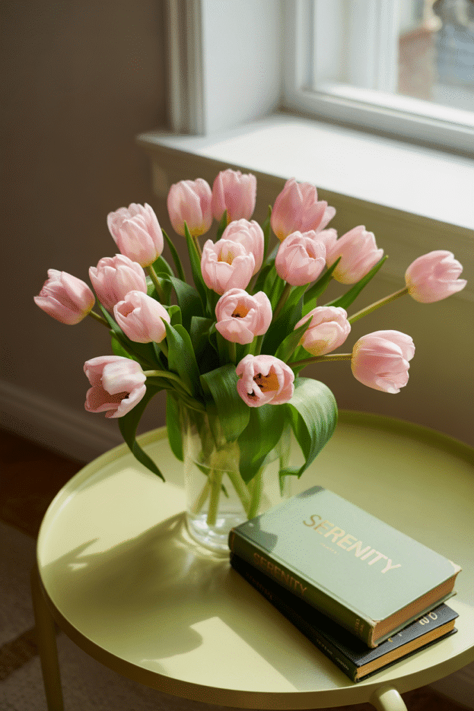 Fresh pink tulips in feminine living room decor.