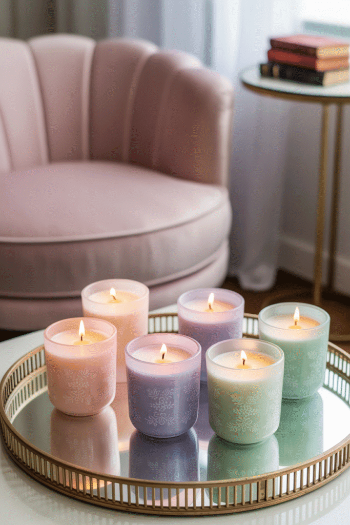Feminine candle decor in pastel jars.