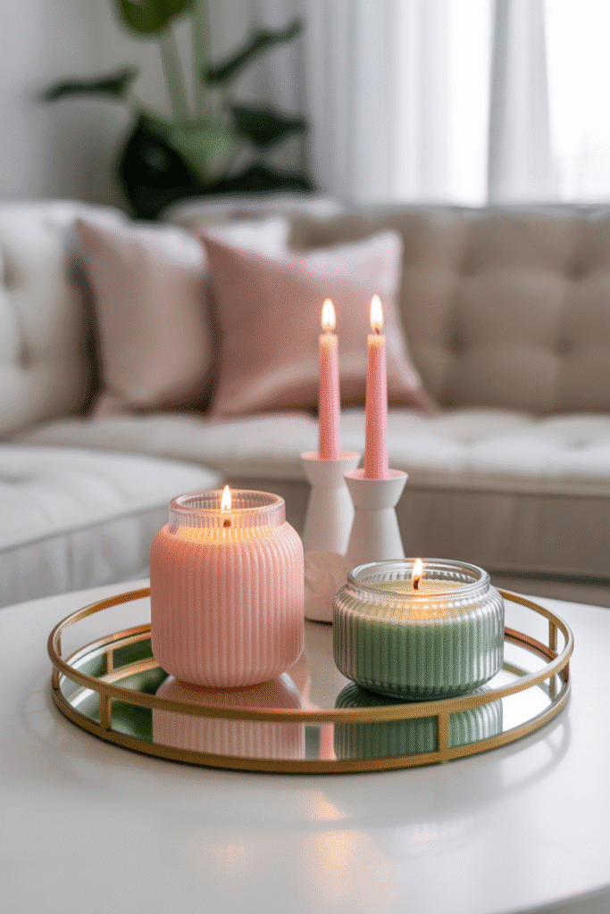 Feminine candle decor in pastel jars.