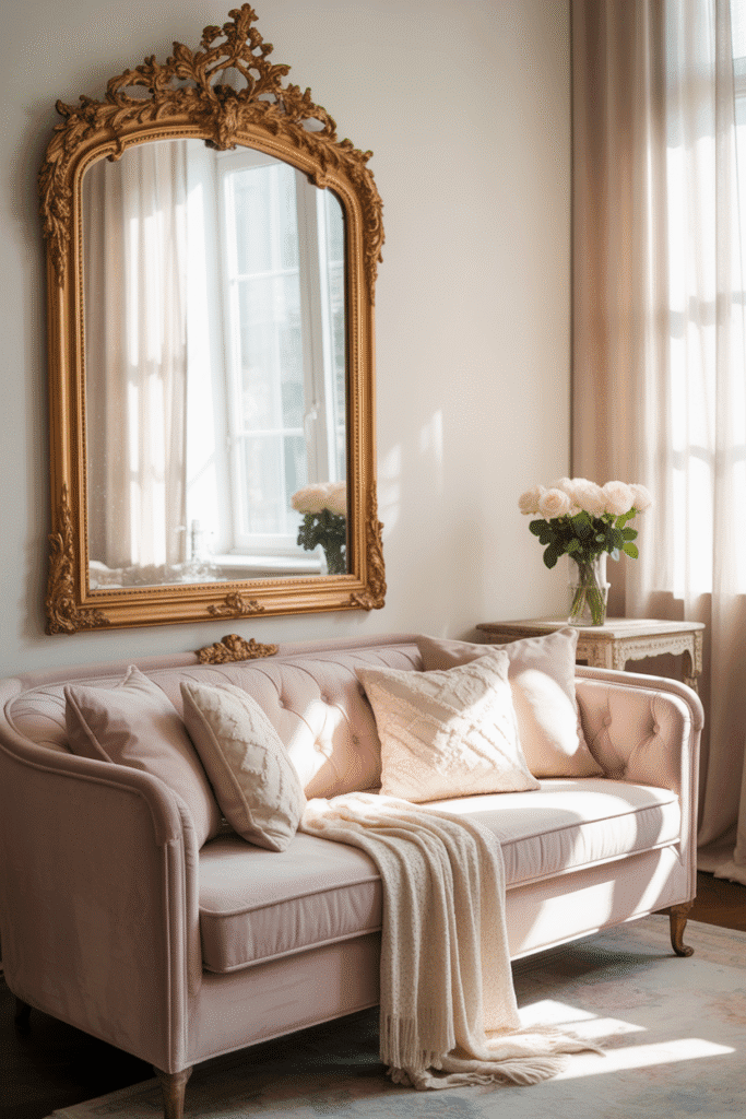 Gold mirror above blush sofa in girly living room.