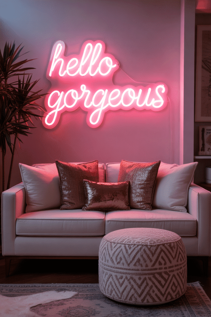 Playful girly living room with pink neon sign.