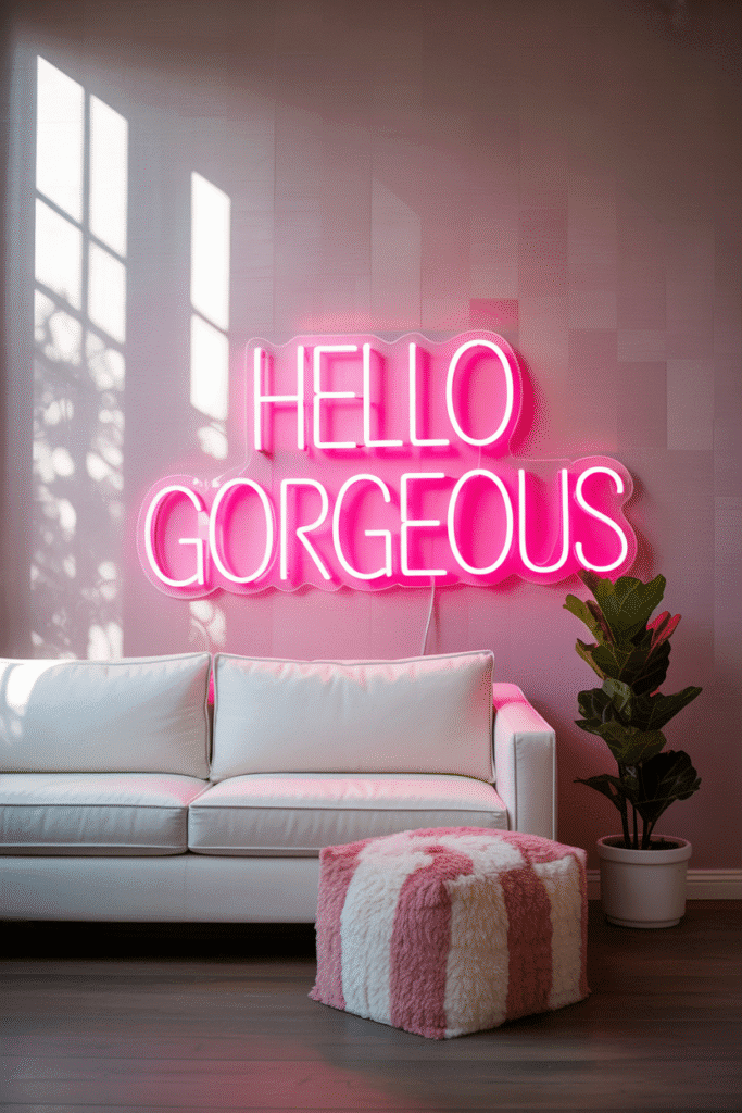 Playful girly living room with pink neon sign.