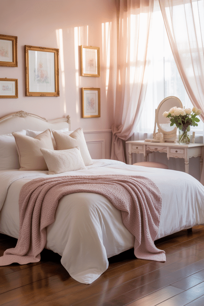 As a part of girly bedroom aesthetic this picture shows a feminine bedroom with blush walls, cream bedding, and lavender accents.
