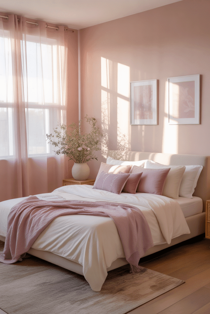 Feminine bedroom with blush walls, cream bedding, and lavender accents.