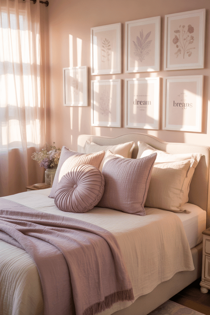 Feminine bedroom with blush walls, cream bedding, and lavender accents.