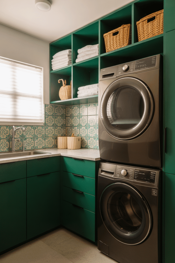 Deep green cabinets bring a moody and organic touch to small laundry rooms.