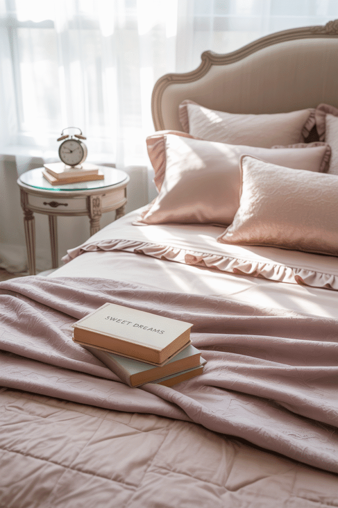 Luxurious girly bedding with blush quilt and silk pillows.