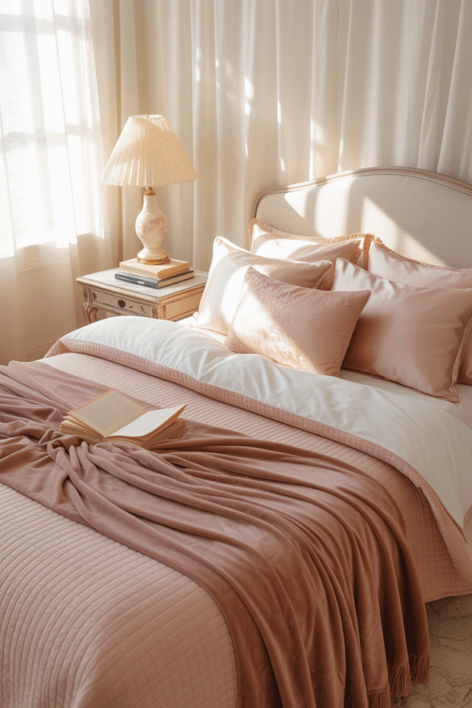 Luxurious girly bedding with blush quilt and silk pillows.