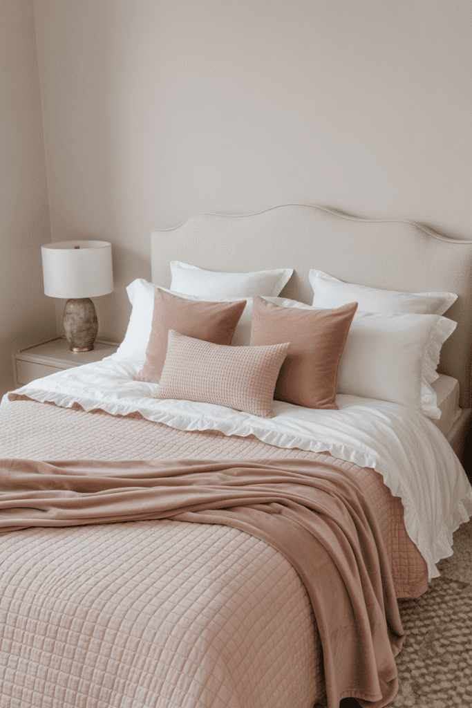 Luxurious girly bedding with blush quilt and silk pillows.