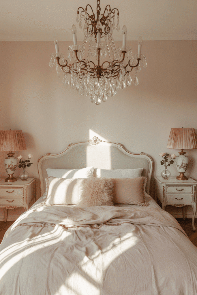 Girly bedroom with crystal chandelier and cream furnishings.