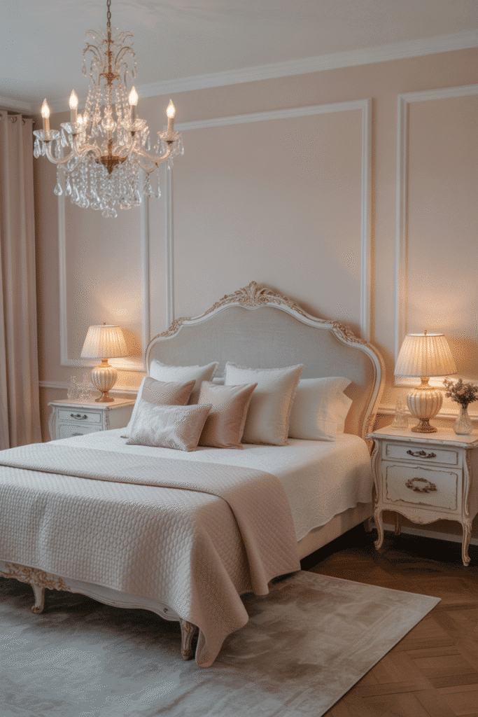 Girly bedroom with crystal chandelier and cream furnishings.