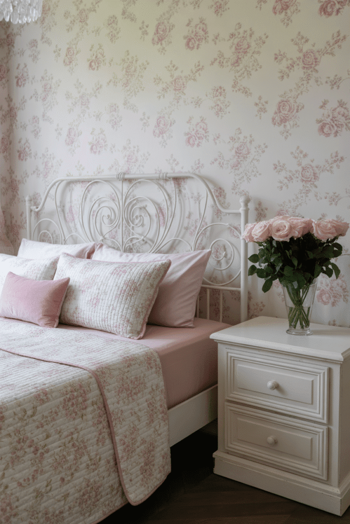 Feminine bedroom with floral wallpaper and pastel decor.