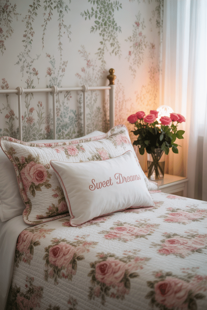 Feminine bedroom with floral wallpaper and pastel decor.