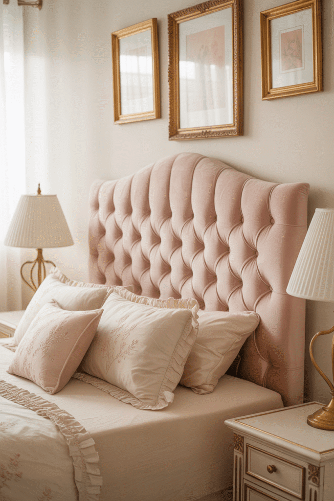 Blush tufted headboard in feminine bedroom aesthetic.