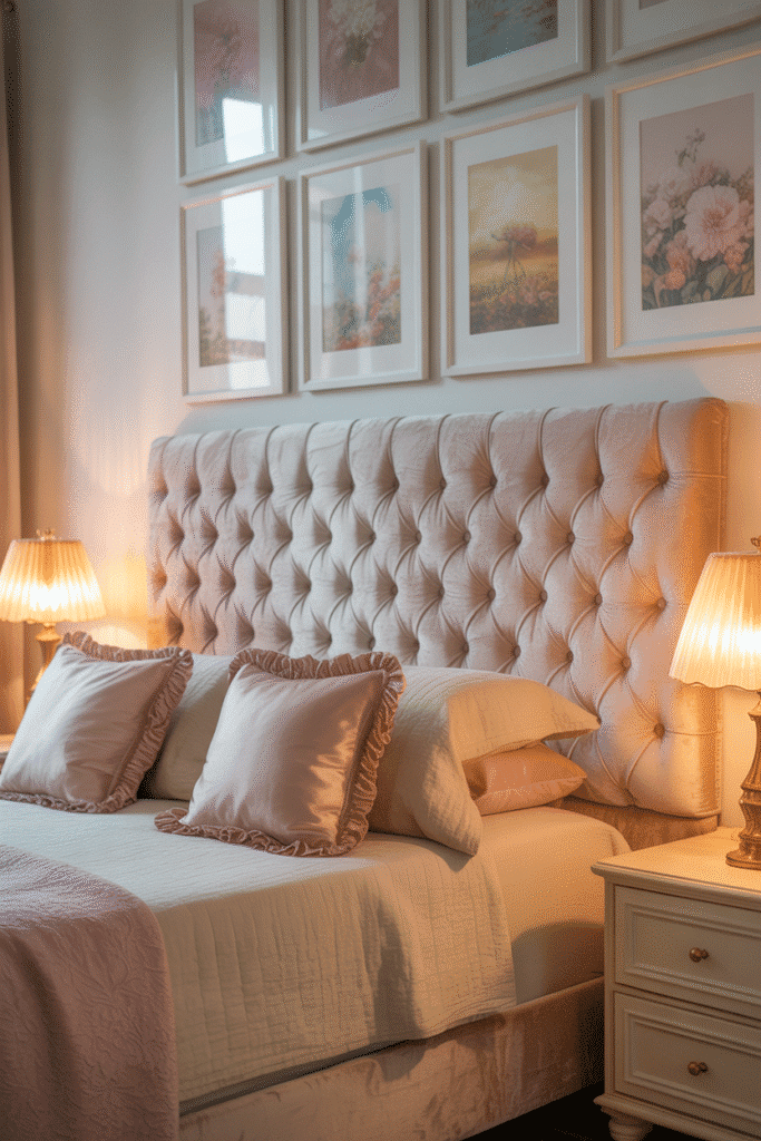 Blush tufted headboard in feminine bedroom aesthetic.