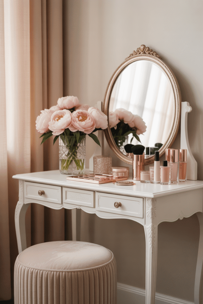 Girly vanity setup with flowers and round mirror.