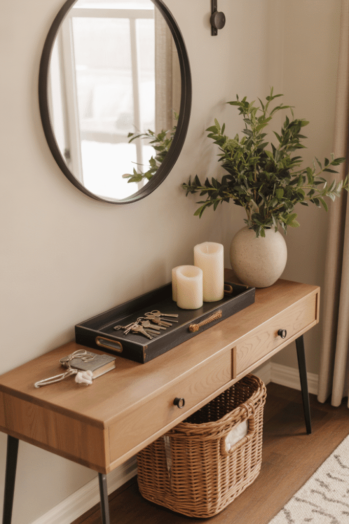 As a part of small entryway decor ideas this picture shows a narrow console table creates structure and function in a small, stylish entryway.