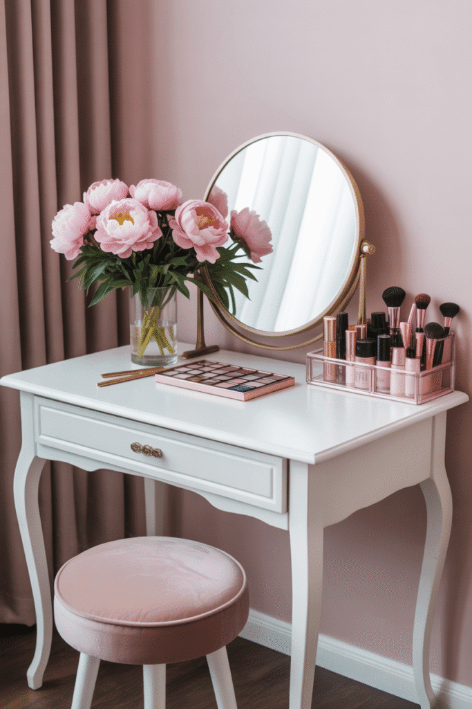 Girly vanity setup with flowers and round mirror.