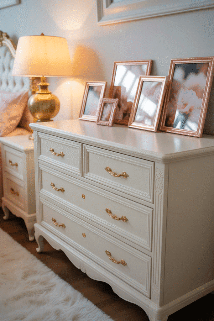 Feminine bedroom with rose gold and brass accents.