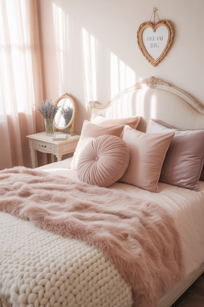 Girly bedroom with soft textured bedding and accents.