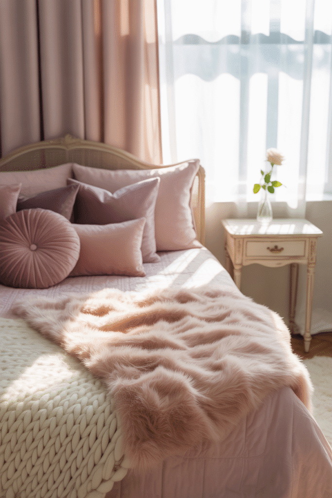 Girly bedroom with soft textured bedding and accents.