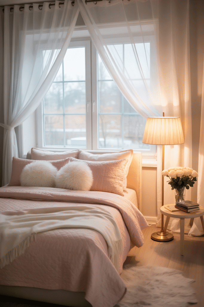 Sheer white curtains in a girly pastel bedroom.