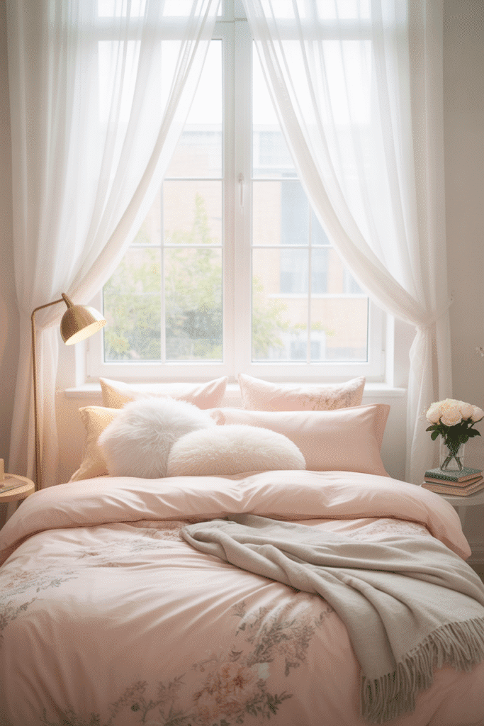 Sheer white curtains in a girly pastel bedroom.