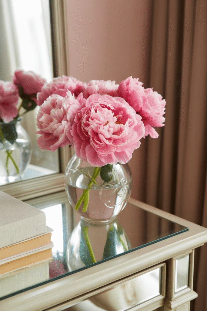 Pink peonies in feminine bedroom decor.