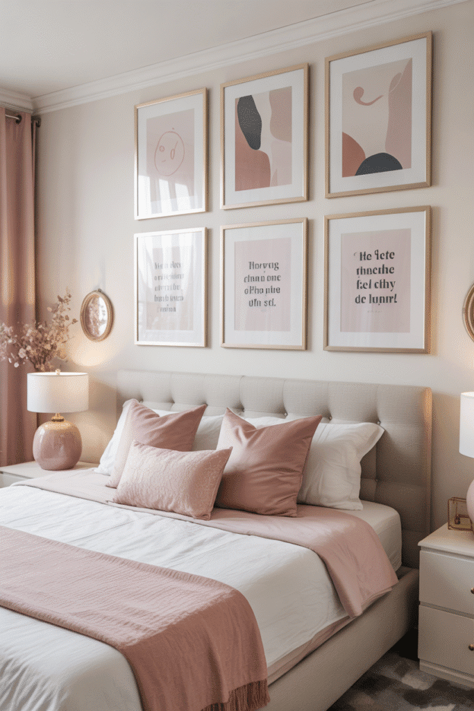 Pastel abstract art on wall in feminine bedroom.
