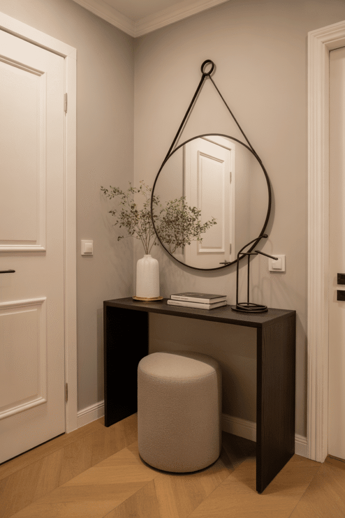 A bold round mirror adds depth and brightens a small entry hallway.