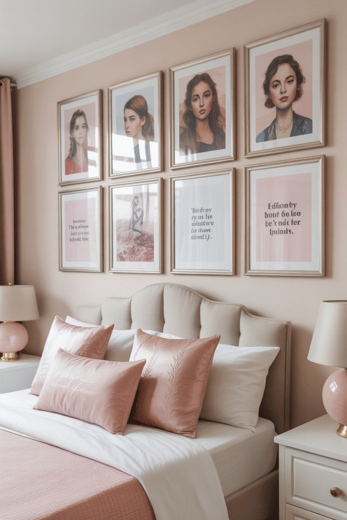 Pastel abstract art on wall in feminine bedroom.