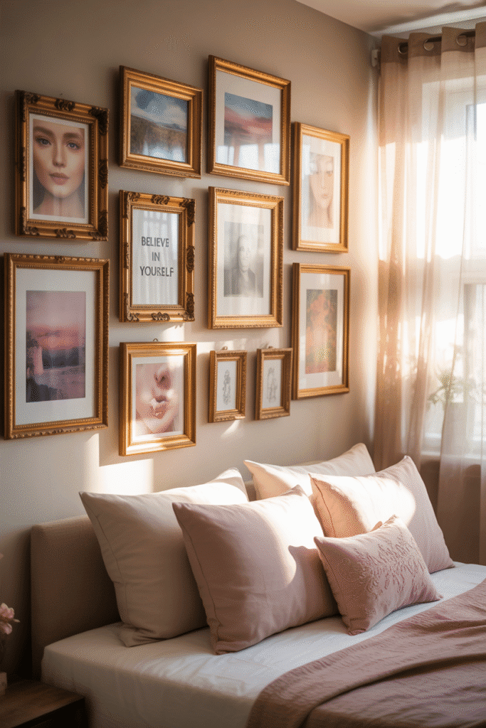Pastel abstract art on wall in feminine bedroom.