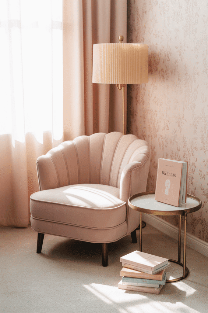 Cozy reading nook in feminine bedroom aesthetic.