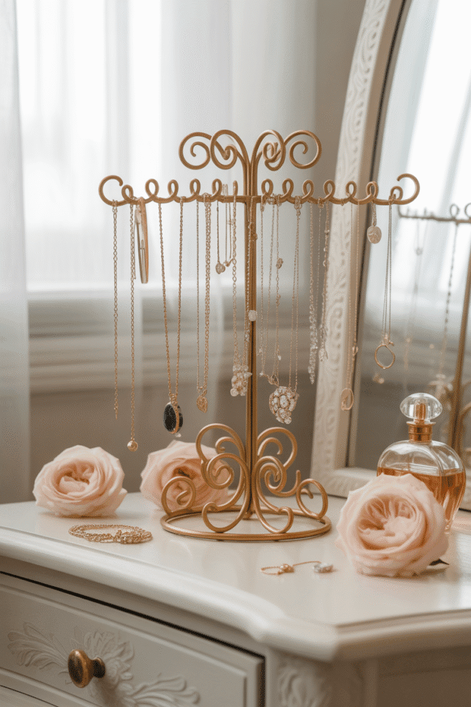 Girly jewelry display in bedroom.