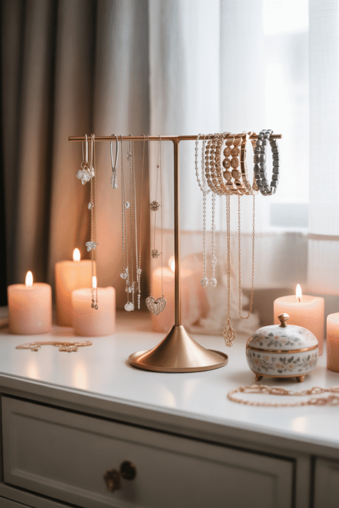 Girly jewelry display in bedroom.