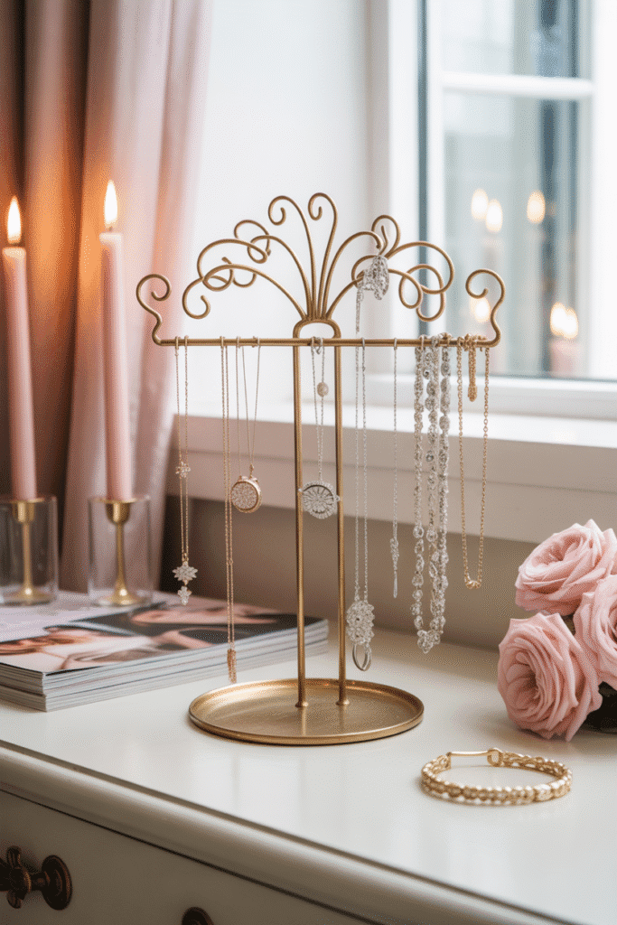 Girly jewelry display in bedroom.