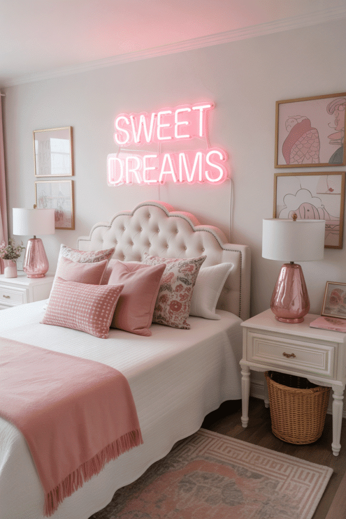 Girly bedroom with pink neon wall decor.