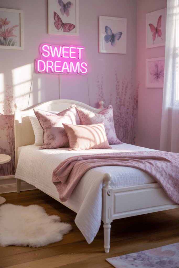 Girly bedroom with pink neon wall decor.