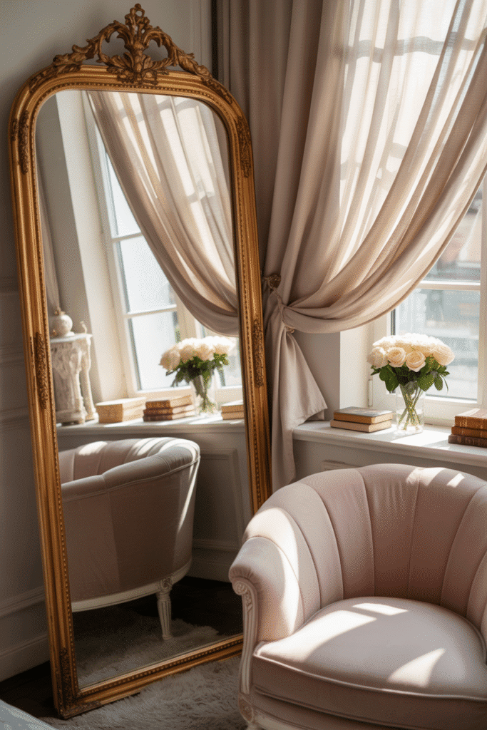Feminine bedroom with gold full-length mirror.