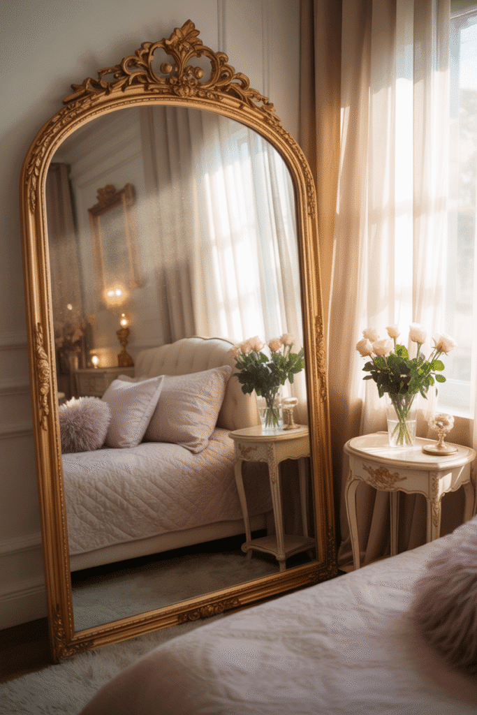 Feminine bedroom with gold full-length mirror.