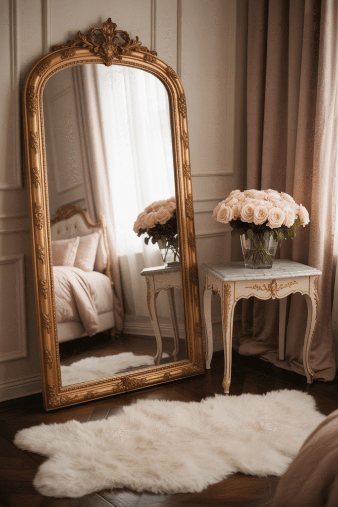 Feminine bedroom with gold full-length mirror.